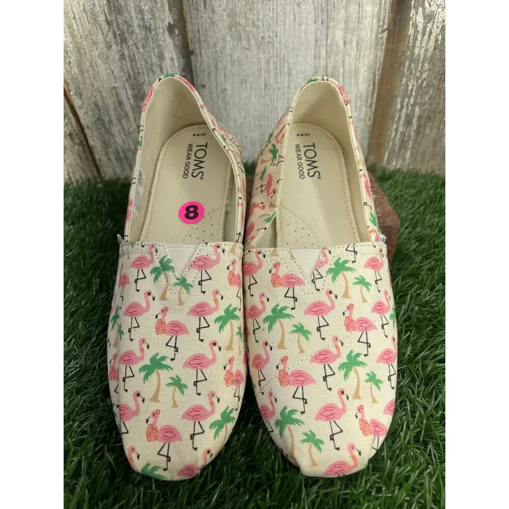 TOMS Alpargata Holiday Flamingos Graphic Slip-On Flats Casual Shoes Women's 8